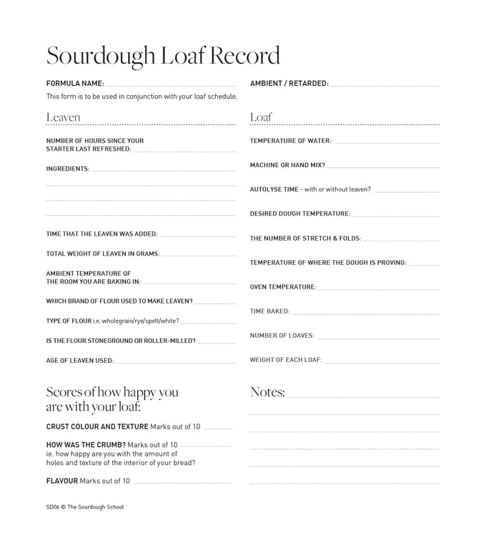 an image of my Sourdough Loaf Record form - Sourdough bread record
