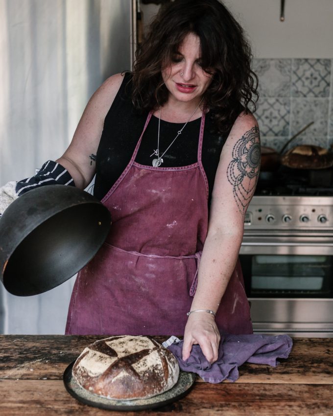 vanessa opening le creuset of sourdough