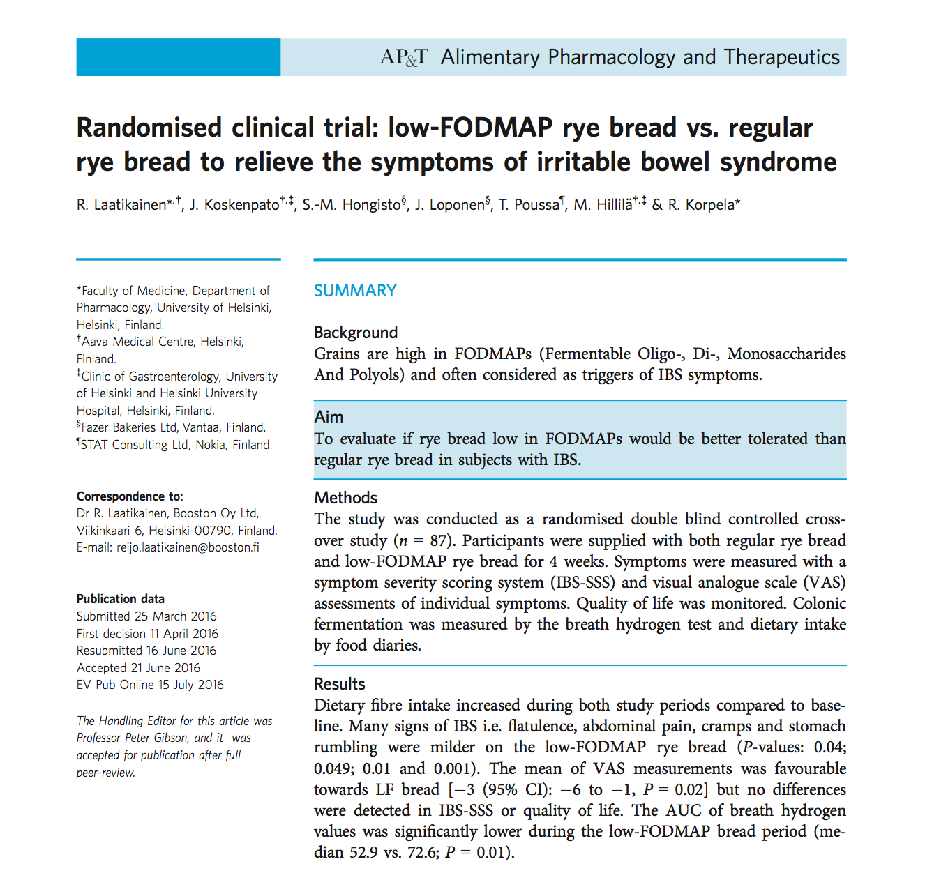 Sourdough fermenation reduces FODMAP levels in rye bread