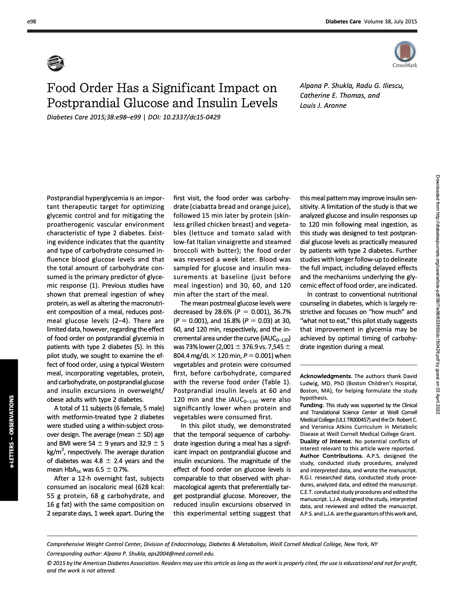 Food Order Has a Significant Impact on Postprandial Glucose and Insulin