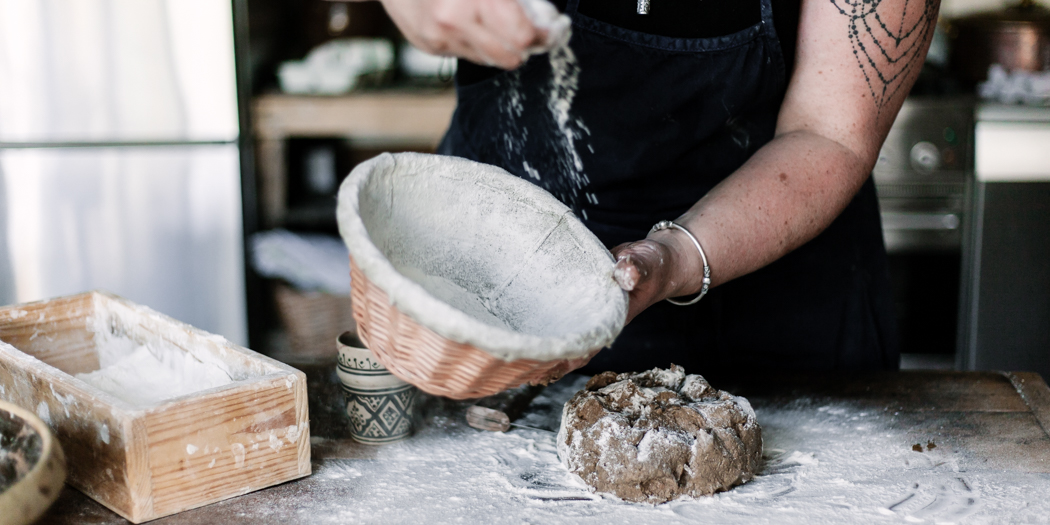 Banneton being dusted with flour baking is about relaxing and this helps the gut to regulate. 