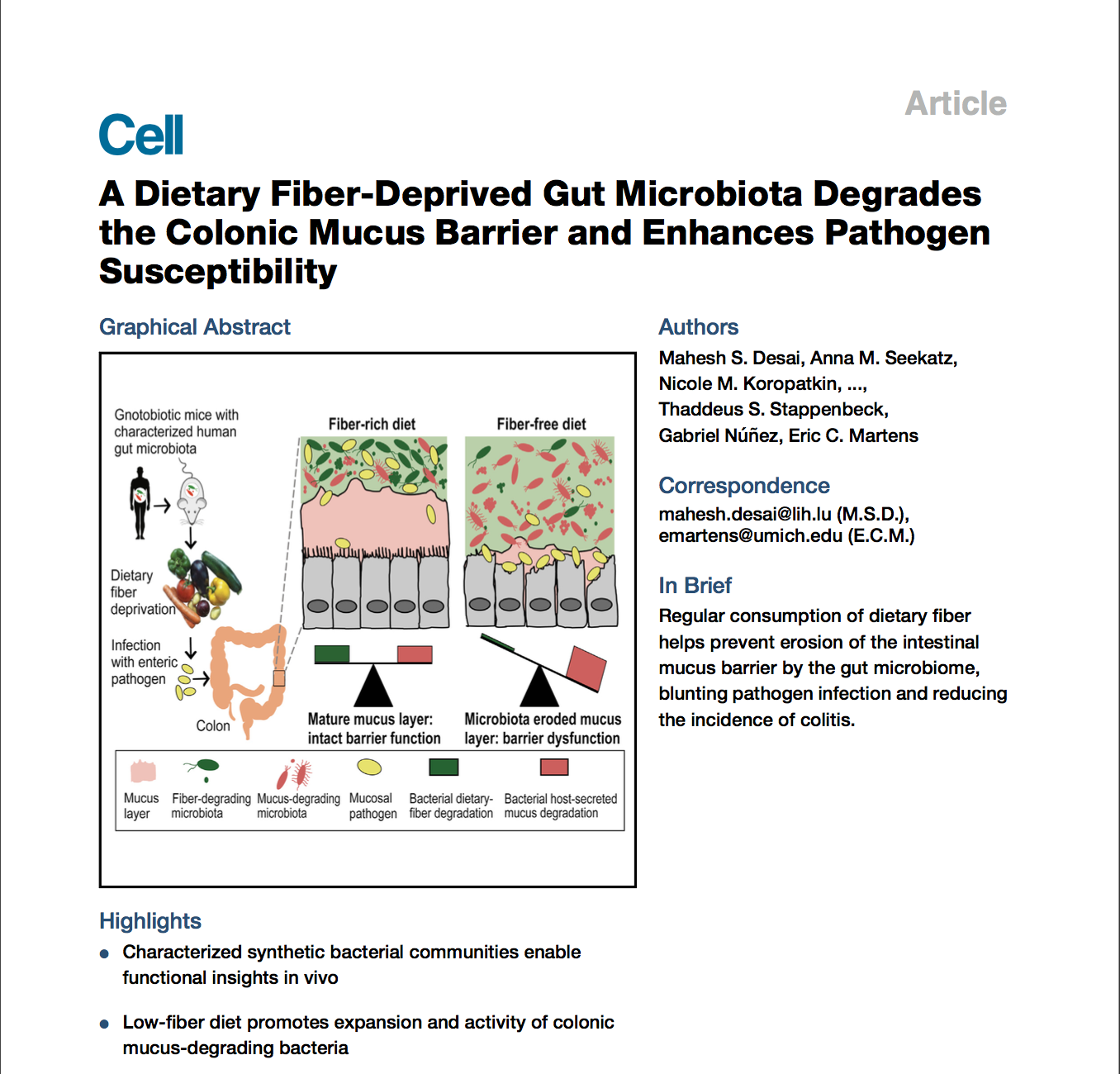 A Dietary FiberDeprived Gut Microbiota Degrades the Colonic Mucus
