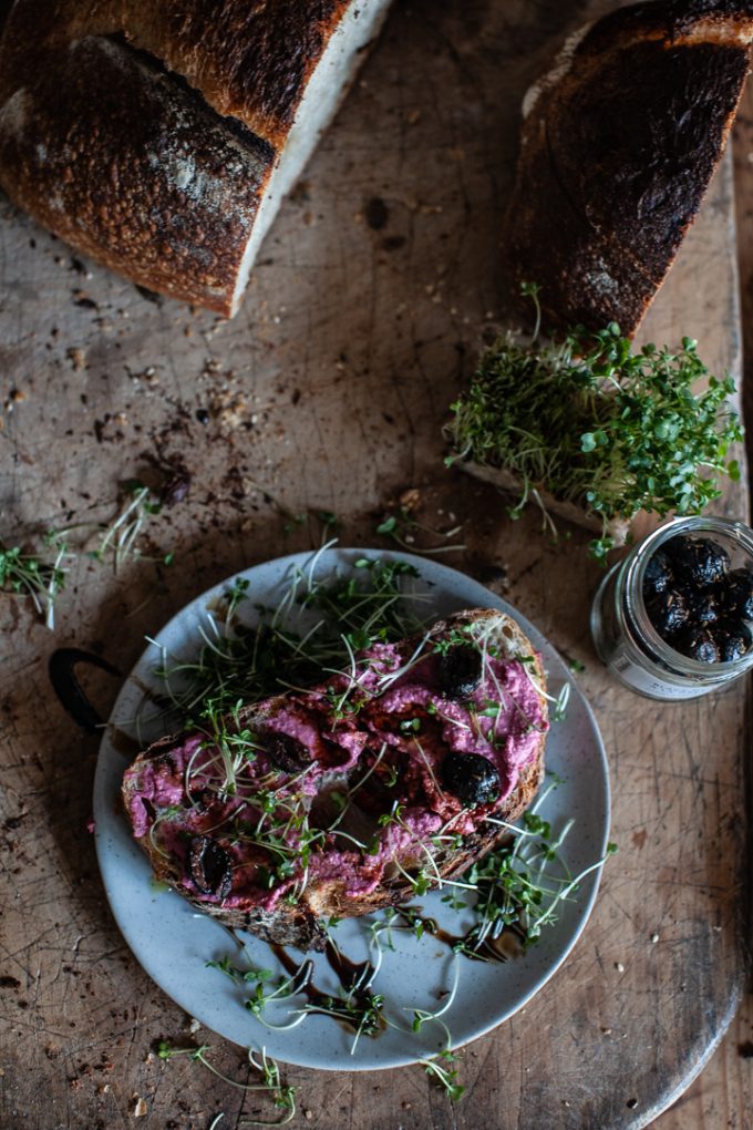 Houmous on Wholemeal Sourdough beetroot humous on sourdough bread
