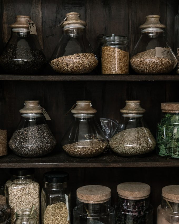 Jars of grains ready for milling