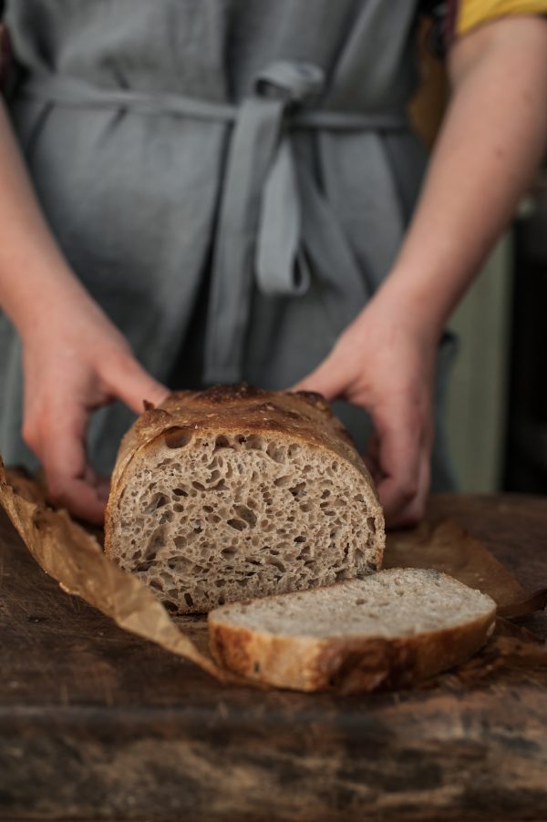 Tin Sourdough loaf on the kitchen tabl