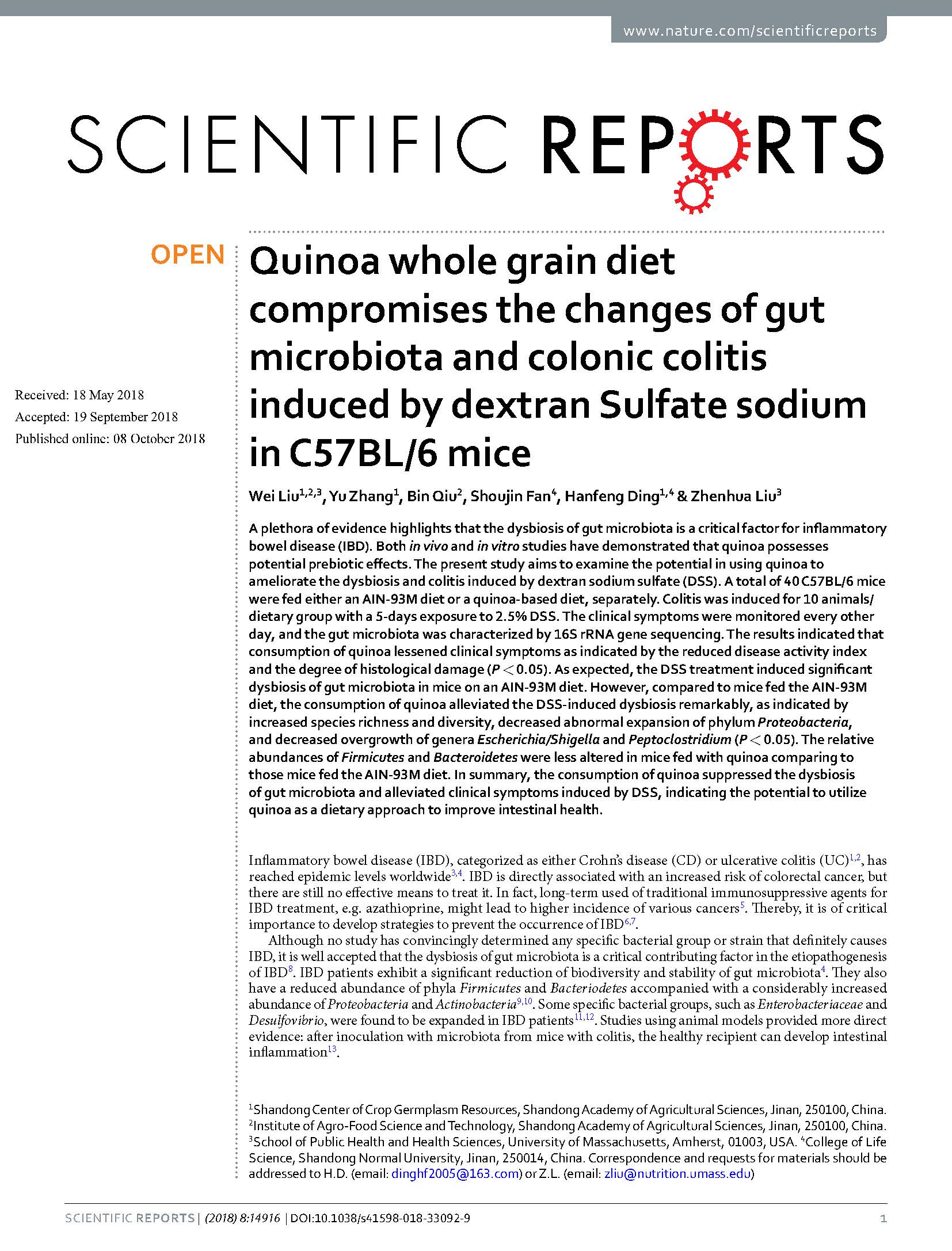 Quinoa whole grain diet compromises the changes of gut microbiota and