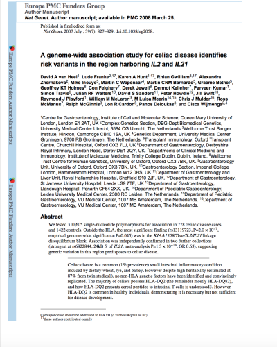 A genome-wide association study for celiac disease identifies risk variants in the region harboring IL2 and IL21