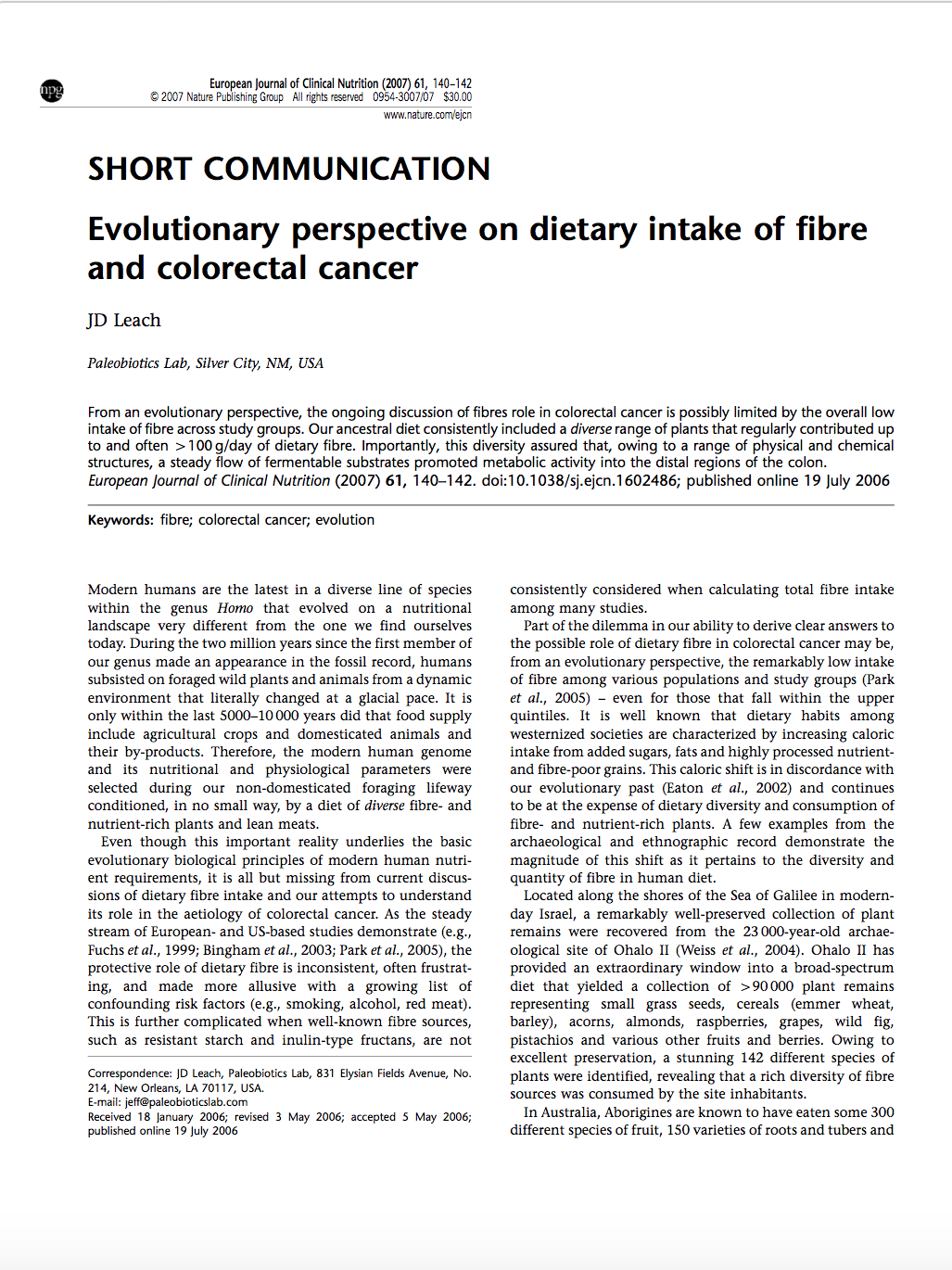 Evolutionary perspective on dietary intake of fibre and colorectal
