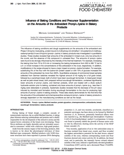 Influence of baking conditions and precursor supplementation on the amounts of the antioxidant pronyl-L-lysine in bakery products
