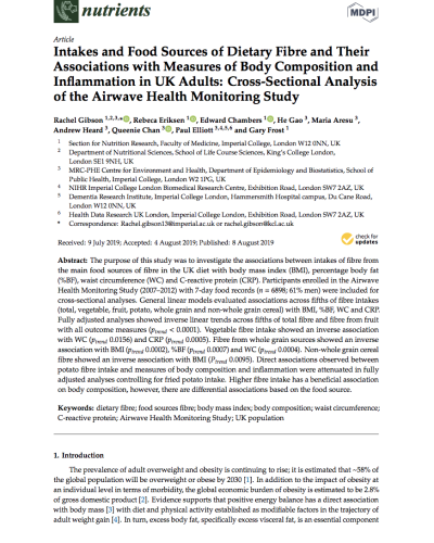 Intakes and food sources of dietary fibre and their associations with measures of body composition and inflammation in UK adults: cross-sectional analysis of the airwave health monitoring study.