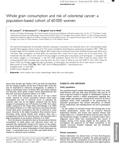 Whole grain consumption and risk of colorectal cancer: a population-based cohort of 60?000 women