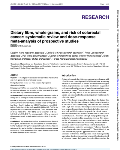 Dietary fibre, whole grains, and risk of colorectal cancer: systematic review and dose-response meta-analysis of prospective studies