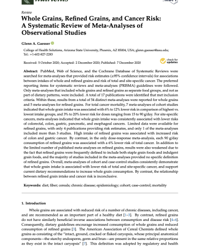 Whole Grains, Refined Grains, and Cancer Risk: A Systematic Review of Meta-Analyses of Observational Studies