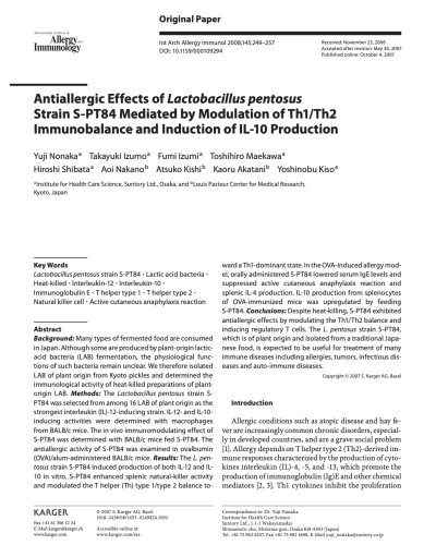 Antiallergic effects of Lactobacillus pentosus strain S-PT84 mediated by modulation of Th1/Th2 immunobalance and induction of IL-10 production