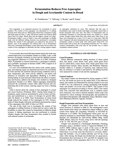 Fermentation Reduces Free Asparagine in Dough and Acrylamide Content in Bread