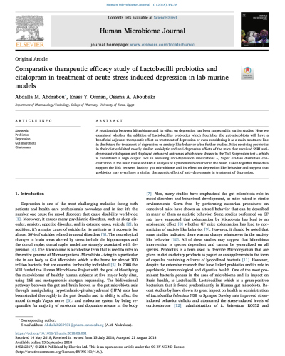 Comparative therapeutic efficacy study of Lactobacilli probiotics and citalopram in treatment of acute stress-induced depression in lab murine models