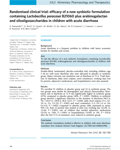 Randomised clinical trial: efficacy of a new synbiotic formulation containing Lactobacillus paracasei B21060 plus arabinogalactan and xilooligosaccharides in children with acute diarrhoea