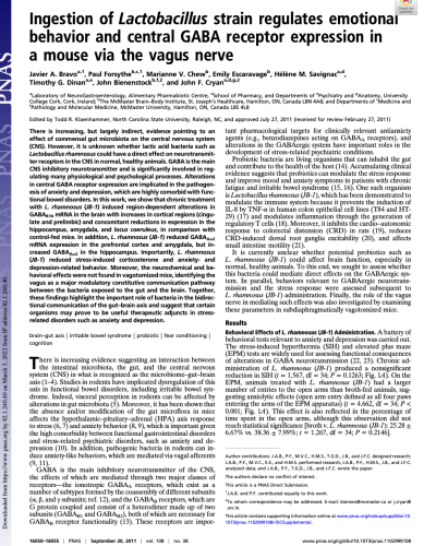 Ingestion of Lactobacillus strain regulates emotional behavior and central GABA receptor expression in a mouse via the vagus nerve