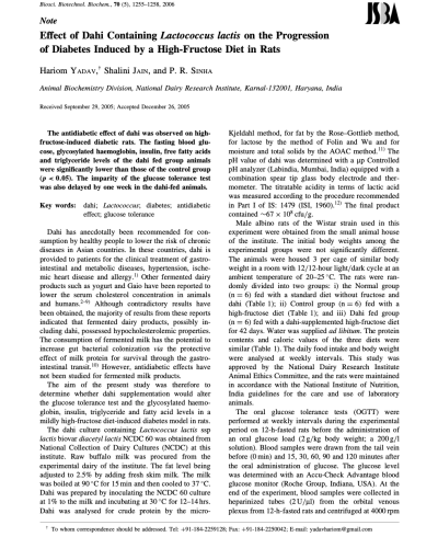 Effect of Dahi Containing Lactococcus lactis on the Progression of Diabetes Induced by a High-Fructose Diet in Rats