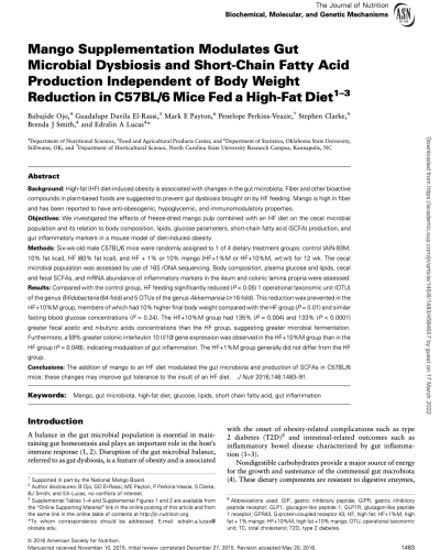 Mango Supplementation Modulates Gut Microbial Dysbiosis and Short-Chain Fatty Acid Production Independent of Body Weight Reduction in C57BL/6 Mice Fed a High-Fat Diet