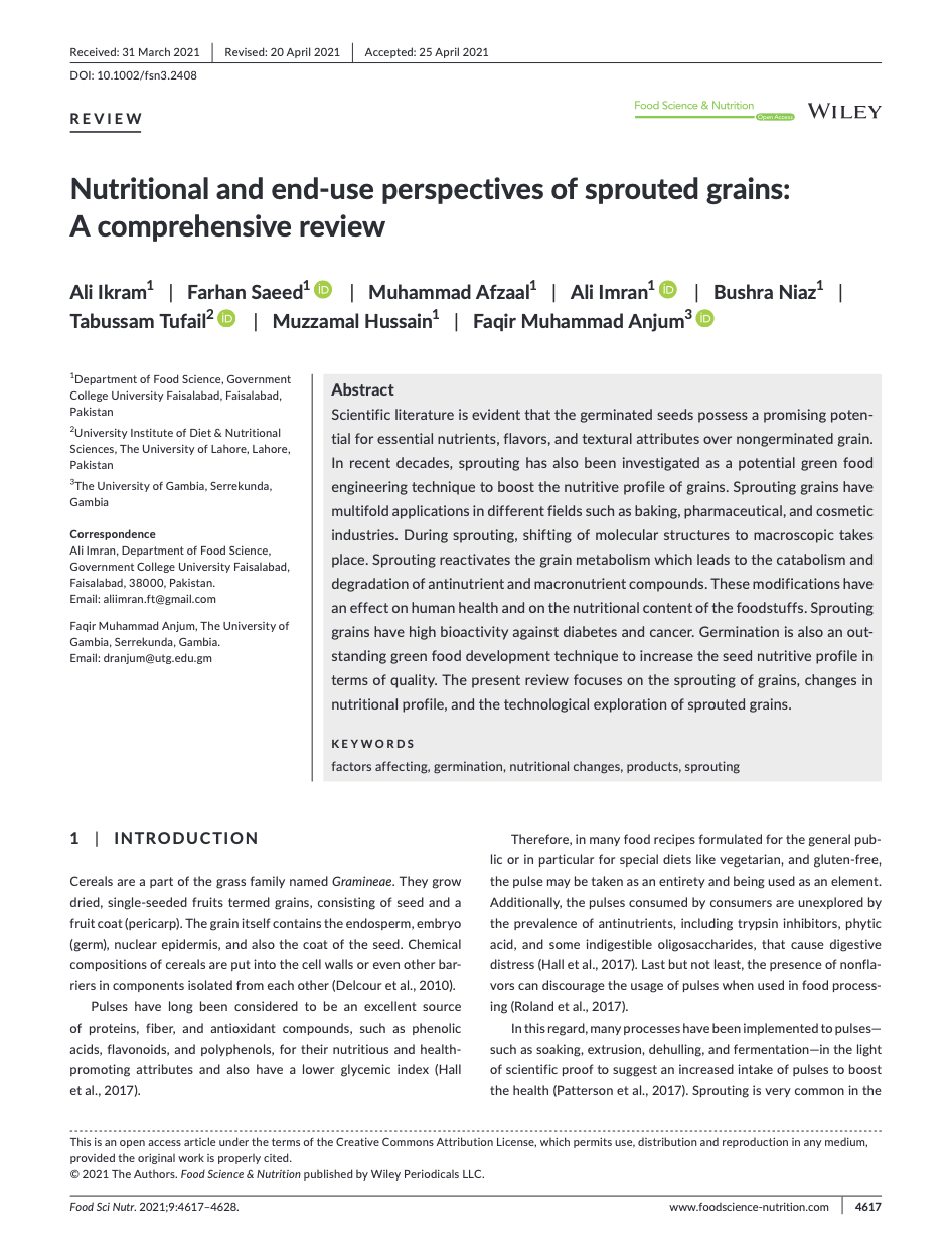 Nutritional and enduse perspectives of sprouted grains A