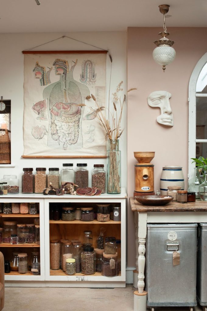 A cozy, vintage-inspired kitchen corner featuring a large anatomical illustration of the human digestive system hanging on the wall. Below, a wooden table with jars of various herbs, spices, and seeds. On the right, a ceramic grinder and a decorative white face sculpture. The room features neutral tones with a soft pink wall, dried plants in a glass vase, and antique kitchenware like metal storage containers. A light fixture with a frosted glass globe hangs from the ceiling.